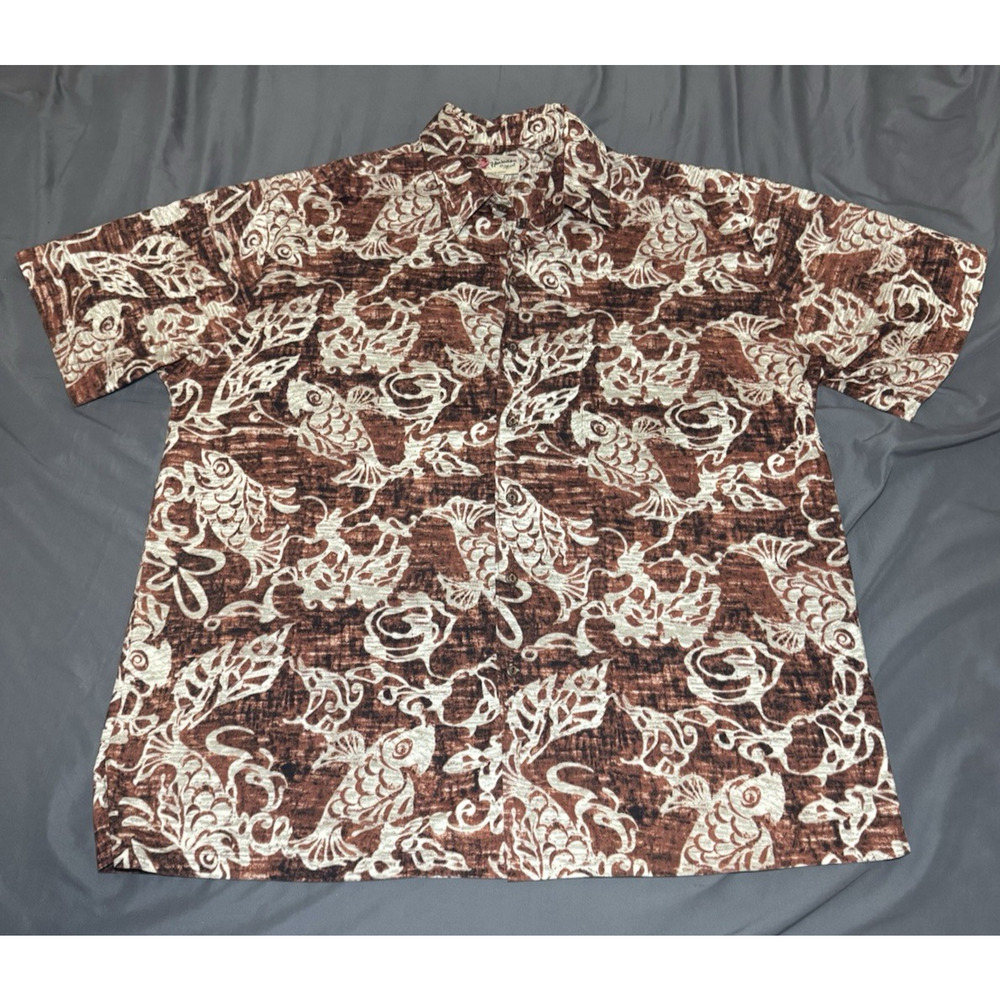 Hilo Hattie Hawaiian Shirt Mens‎ XL Brown White Koi Fish Aloha Vintage